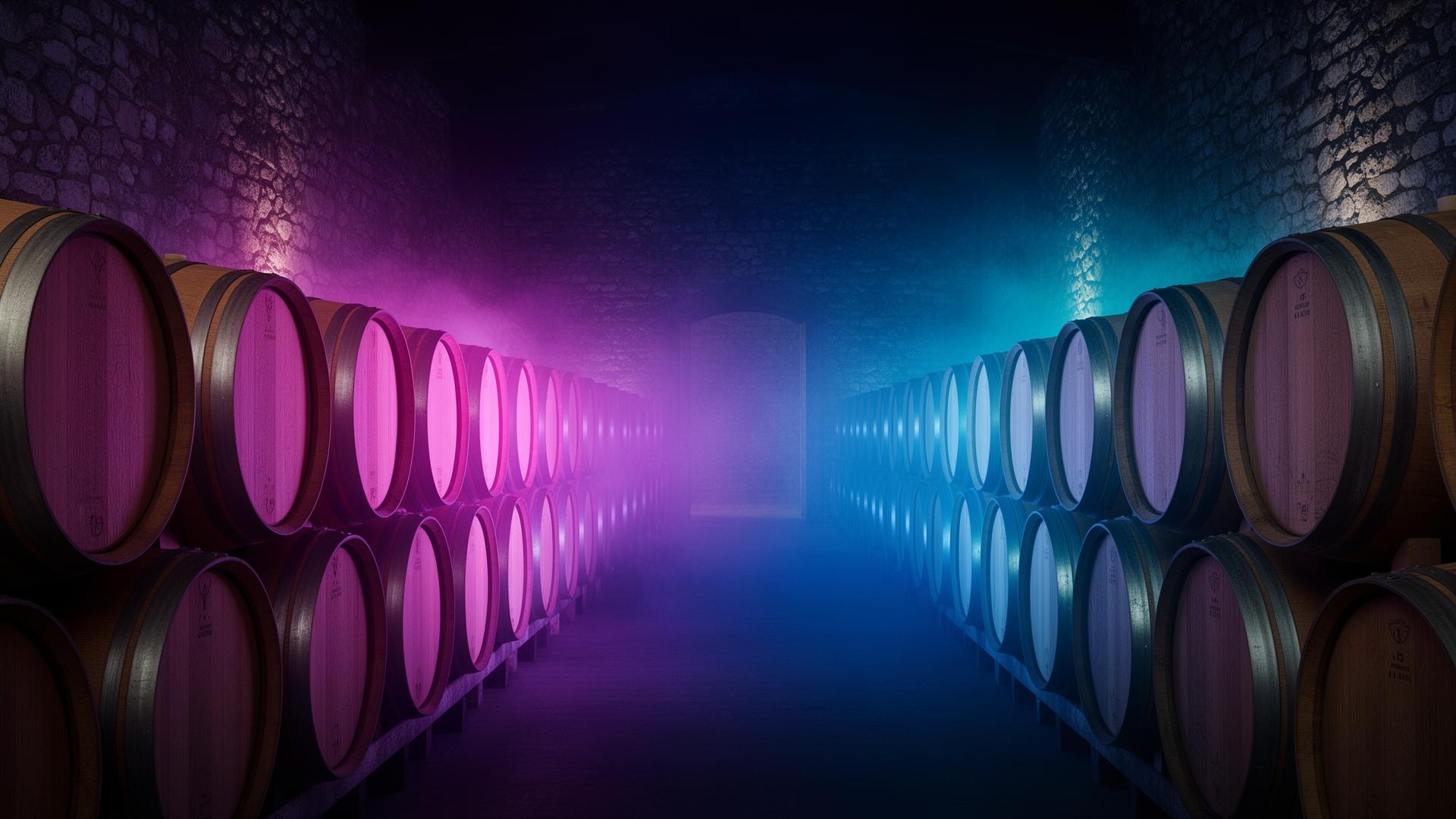 Cantina di barrique illuminata da luci aurora